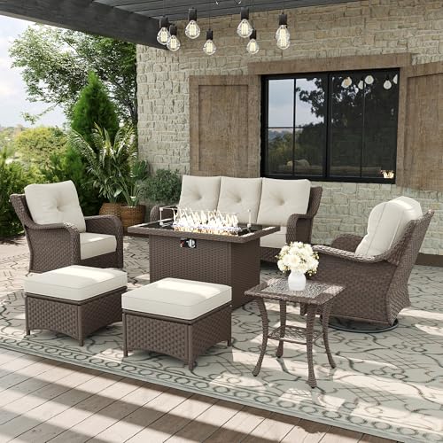 Aeeiua 7 Piece Patio Furniture Set with Fire Pit Table