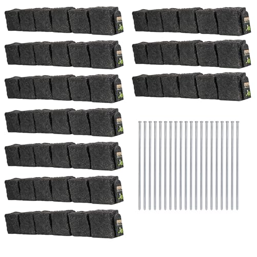 Beuta Landscape Edging | Garden Edging Border | Polyrock Blocks for Lawn Edging, Flower Beds & Yard Edging – 10 Pack | Each Section Has 6 Blocks 48" L x 4" W x 6.5" H | 20 Spikes | Charcoal
