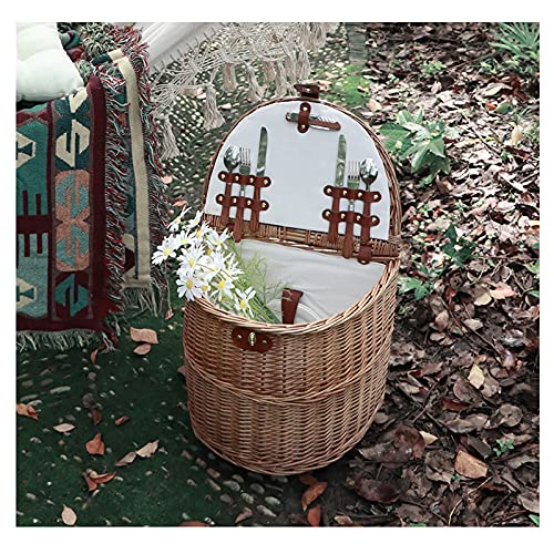 Outdoor Camping Picnic Basket Hand Lever Type Multi-Function Rattan Basket with Rollers Insulation Tableware Storage Box for Outdoor Picnic