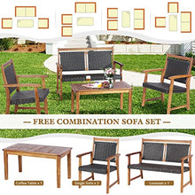 4 PCS Patio Rattan Furniture Set Acacia Wood Frame Sofa Loveseat Garden Single Sofa, Onesize