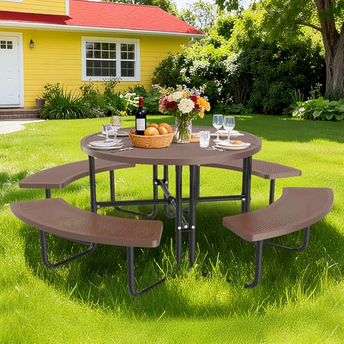 46'' Round Metal Picnic Table with 1.78" Umbrella Hole, Heavy-Duty Stainless Steel Mesh Top Outdoor Table, Rust Resistant Weatherproof Patio Dining Table, For Backyard, Garden & Picnic, Coffee