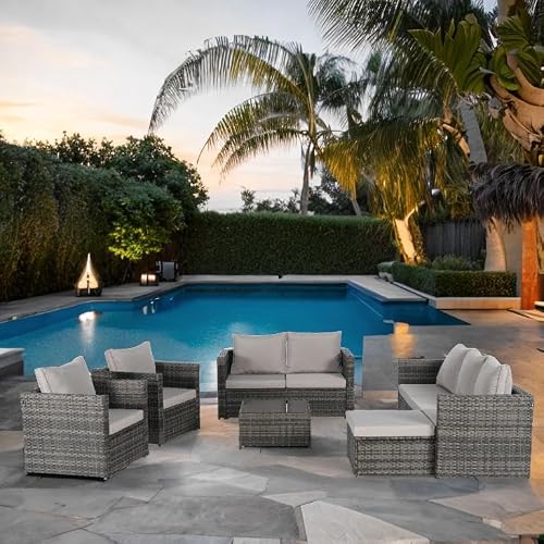 Finca ancha Patio Furniture Set with Small Outdoor Table, Durable All-Weather Wicker, Large Cushions, Breathable Polyester, Patio Bar Set w/Sillas para Balcon, Sillas para Patio Exterior (Light Gray)