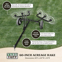 Yard Tuff 60 Inch Acreage Rake, Steel Tow Behind Dethatcher Attachment for Lawn & Garden - Heavy-Duty Dethatching Accessories for ATV, UTV and Utility Tractor Machines