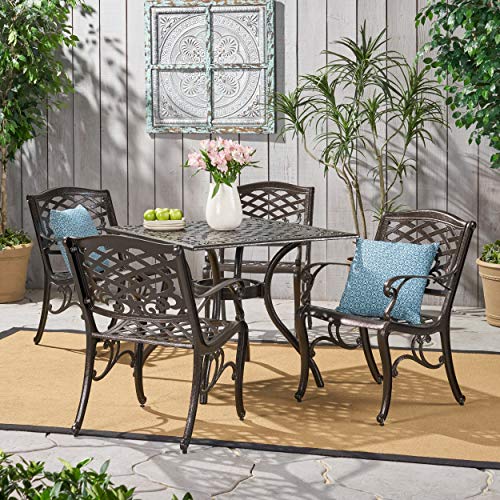 Christopher Knight Home Hallandale Outdoor Sarasota 5-Piece Cast Aluminum Dining Set Hammered Bronze