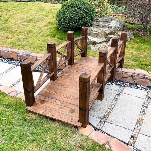 TT-YEL Classic Decorative Curved Footbridge with Double Safety Railings, Load-Bearing Capacity 300Kg, Solid Wood Artificial Path Bridge, Carbonized, Brown,L140×w60×h52cm