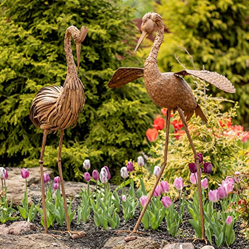 Zaer Ltd. Set of 2, Pair of Large Metal Dancing Herons in a Distressed Painted Finish (Set of 2 - Open Wings and Puffy Feathers, Aged Brown)