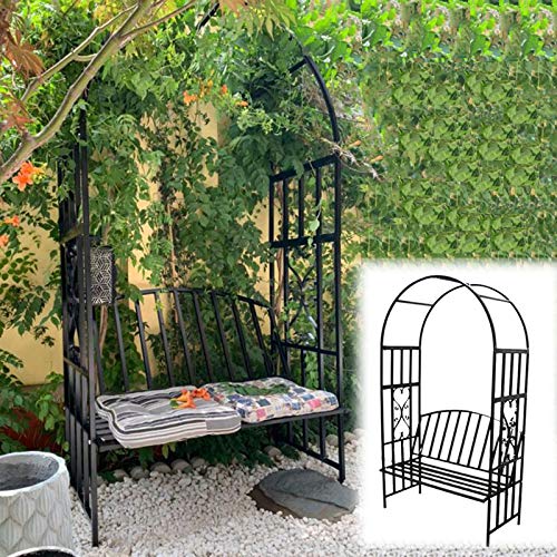 NWHJ White Sturdy Steel Garden Arch Plant Support Trellis for Climbing Vines, Roses, Outdoor Black Metal Arbor with Bench Seats, Beautiful Scrollwork Decorative, Easy Assemble