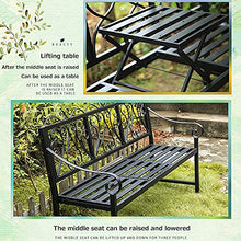 60in Park Terrace Bench Cast Iron Garden Benches Outdoor Leisure Bench with Middle Table Weatherproof Retro Decorative Metal Bench 2-Seater Bench for Courtyard Porch Lawn (Black B) (Black B)