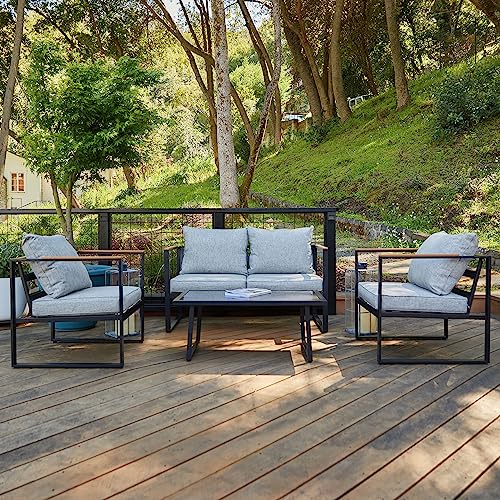 EAST OAK 4-Piece Courtyard Patio Furniture Set with Sofa and Tempered Glass Table, Black & Grey