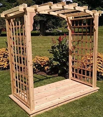 Amish-Made Cambridge Style Cedar Arbor with Deck - 6' Wide Walkthrough, Cedar Stain