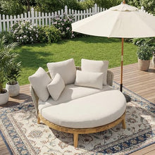 Christopher Knight Home Martin Acacia Wood Round Outdoor Daybed with Cushion, Solid Wood Patio Round Daybed with Rope Woven Accent, Patio Outdoor Sofa Bed, Teak+Beige