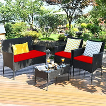 DUYHBAWRS 4PCS Patio Rattan Furniture Set Cushioned Sofa Coffee Table Backyard Porch Red