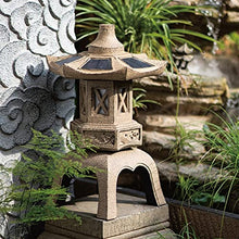 RAN 18.9in Tall Stone Pagoda Outdoor Statue, Waterproof Zen Japanese Lantern Garden Sculpture Solar Powered LED Light Outdoor Decor