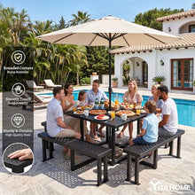 YITAHOME Commercial 38" Square Q235 Carbon Steel Picnic Table, Heavy Duty Metal Outdoor Table Set with Umbrella Hole, Industrial Grade Park Furniture (Black)