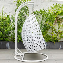 LeisureMod 2 Person Hanging Egg Chair, Indoor Outdoor Patio Lounge Swing with White Stand & UV-Resistant Cushions, Hammock Chair for Bedroom & Garden, Dark Grey