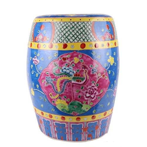 LINKIO Garden Stool Decorative Garden Stool, Porcelain, Phoenix Pattern, Pastel Yellow Ottomans(B)