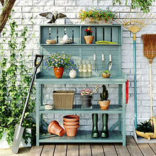AMNOOL 65 Inch Large Wooden Farmhouse Antique Outdoor Potting Bench Patio Work Station Garden Potting Bench with 4 Storage Shelves and Side Hooks for Garden Patio Backyard, Green