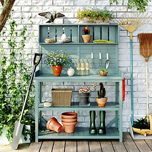 AMNOOL 65 Inch Large Wooden Farmhouse Antique Outdoor Potting Bench Patio Work Station Garden Potting Bench with 4 Storage Shelves and Side Hooks for Garden Patio Backyard, Green