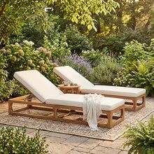 Christopher Knight Home Vauz Set of 2 Modern Patio Chaise Lounge Chair Outdoor, Acacia Wood Poolside Sun Lounger with Cushion, Open Frame Pool Lounger with Adjustable Backrest, Natural+Beige