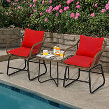3PCS Patio Rattan Bistro Set Cushioned Chair Glass Table Deck Red Armchair Square Table