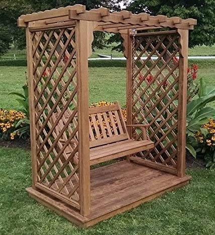 Backyard Crafts Amish-Made Covington Style Pine Arbor with Deck & Swing 5' Wide Oak Stain