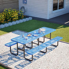 INZOKK 96" Heavy Duty Metal Picnic Table for Outdoor Dining with Umbrella Hole, Galvanized Steel Rustproof Frame, Mesh Top for Garden, Patio, Camping & Picnic, Blue