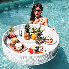 Portable Round Woven Serving Tray, Floating Breakfast Tray w/Side Handles, Swimming Pool Float Plate, for Sandbars Spas Parties,White