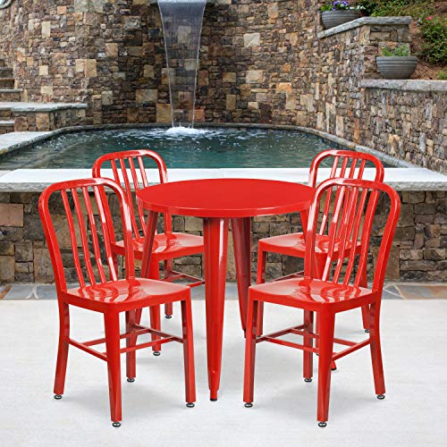 Flash Furniture Commercial Grade 30" Round Red Metal Indoor-Outdoor Table Set with 4 Vertical Slat Back Chairs