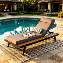 Merax Black Iron Teak Finish Chaise Lounge Set with 4" Thick 4-Fold Cushion with Headrest, 400 lbs Capacity, Adjustable Backrest with Flat Storage Surface for Patio, Poolside, Backyard, Dark Gray