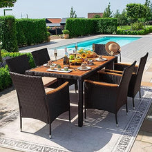 Devoko 7 PCS Acacia Wood Patio Dining Set, Black Rattan