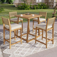 Christopher Knight Home Barron 5-Piece Acacia Wood Patio Bar Set, Patio Bar Table and Stools Set, Soft Seat Cushions, Rattan/Wicker Dining Set for Garden, Backyard, Poolside, Balcony, Teak + Beige