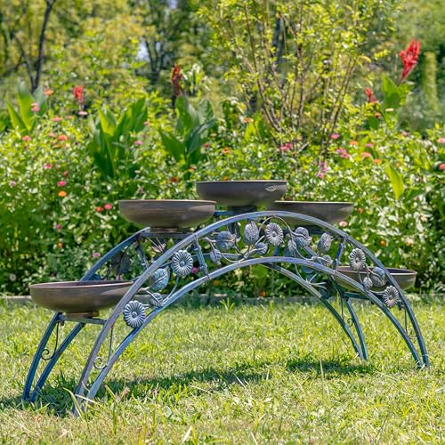 Zaer Ltd. 5FT Long Bridge-Like Metal Plant Stand Arch, 5 Round Planters, Powder-Coated, Distressed Finish (Cobalt Blue)