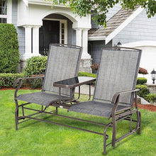 Oosofi Outdoor Glider Bench with Center Table, Metal Frame Patio Loveseat with Breathable Mesh Fabric and Armrests for Backyard Garden Porch, Gray