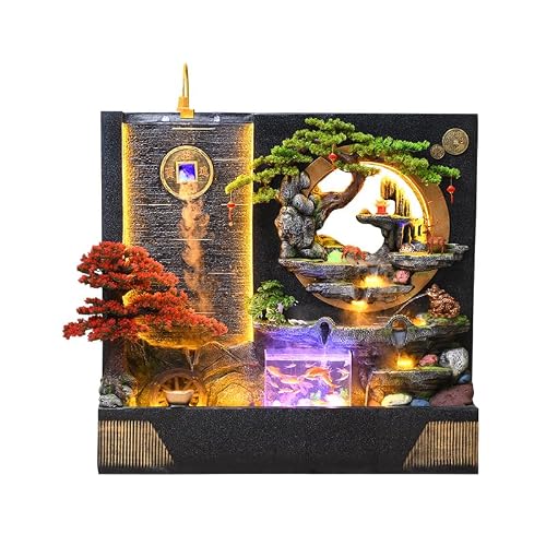 Modern Zen-Inspired Water Fountain with Multi-Level Waterfalls and LED Lighting – Standing Feature for Indoor/Outdoor Use, Includes Bonsai and Artistic Details(1899 Fish Tank)