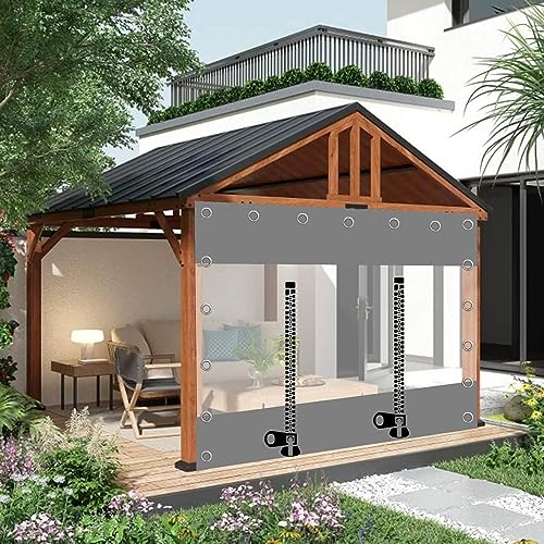 Broom and Mop Holder Clear Outdoor Tarp Curtains with Grey Side Panels for Gazebo Pergola Patio Waterproof PVC Plastic Cover Sheet with Zip Door Customizable Size 4x3m Rain Curtain for Protection and