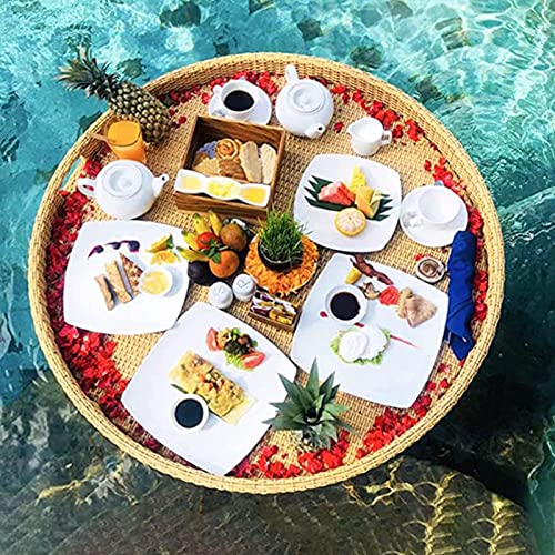 ERoomQ Round Rattan Floating Breakfast Tray, Swimming Pool Floats, Floating Tray for Pool for Adults for Sandbars Spas Bath and Parties and Outdoor Bar