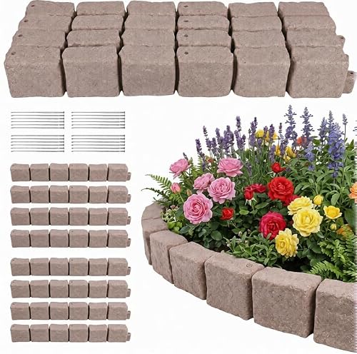 No Dig Landscape Edging, Faux Stone Edging Garden Border for Lawn & Flower Bed, Flexible Plastic Garden Edging Border, 12 Pack 6 Blocks with 24 Spikes Included, 46.85" L x 3.82" W x 6.1" H, Beige