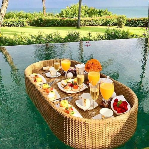 Floating Tray Wood Ratten Floating Pool Tray Stylish Breakfast Food Serving Tray on The Water for Swimming Pool Party,Wood
