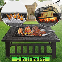 Fire Pit Table Spark Screen, Fireplace Poker, Grate, Outdoor Fire Pits BBQ Bowl, Square Metal Firepit Table for Backyard Patio Bonfire Garden