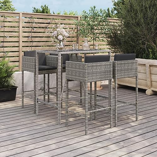 LKJVFCPW 5 Piece Outdoor Bar Set, Poly Rattan Pub Table and 4 Stools with Cushions for Patio, Garden, Balcony, Grey
