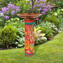 Studio M Painted Peace Love Folk Art Bird Bath Art Pole – Copper Hand-Hammered Topper for Outdoor Yard Décor – 31 x 18 Inch Decorative Birdbath Stake – Inspirational Garden Accent