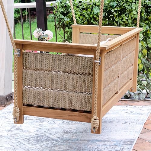 Teak Wood Outdoor Porch Swing with Cushion White Weather Resistant