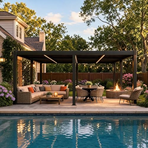 12x20 FT Modern Outdoor Louvered Pergola, Adjustable Slatted Roof