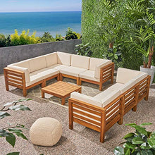 Great Deal Furniture GDFStudio Outdoor Sectional Sofa Set with Coffee Table - 9-Piece 8-Seater - Acacia Wood - Outdoor Cushions - Teak and Beige