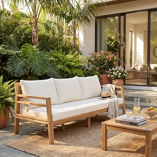 Christopher Knight Home Bratie Acacia Wood Outdoor 3 Seater Sofa with Cushion, Solid Wood Patio Sofa with Removable Cushion, Comfy Lounge Sofa for Patio Furniture Set, Light Teak+Beige