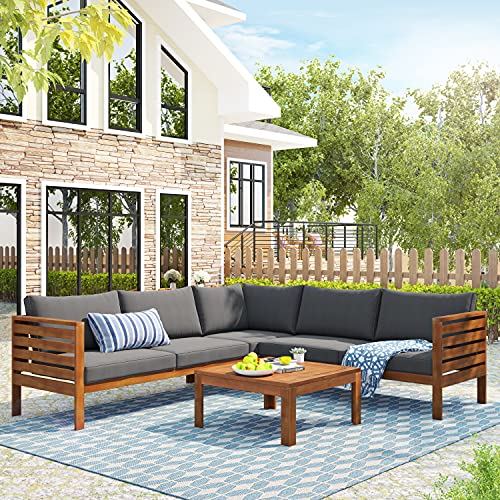 AOCHUANG Eucalyptus Wood 4 Piece Sectional Sofa Set Coffee Table Removable Cushion,Patio Seating Group L Shape Corner Garden Backyard Poolside (Natural Wood+Gray), 58.7inch x 27.6inch 25.1inch(L W H)
