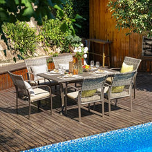 Pamapic 8504 Patio Dining 7 Piece, Outdoor Wicker Furniture Set for Backyard Garden Deck Poolside/Iron Slats Table Top, Removable Cushions, 7 Pack, Beige