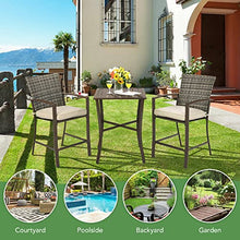 3PCS Patio Rattan Bar Furniture Set Slat Table 2 Cushioned Stools Poolside Brown