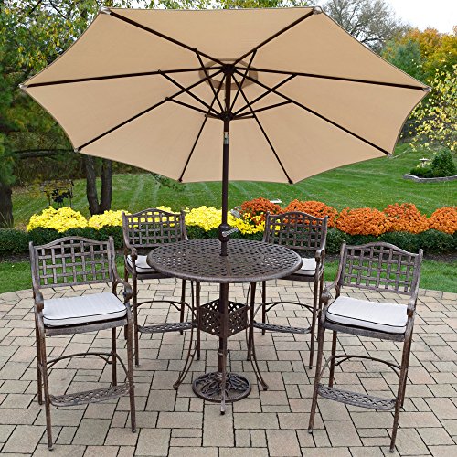 Oakland Living Elite Bar Set with Table, 4 Cushioned Stools, Metal Umbrella, Antique Bronze