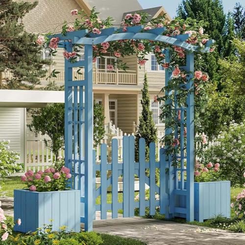 Etlegor Wooden Garden Arbor with Planter and Fence Gate, Outdoor Arch for Climbing Plants, Vegetables, Herbs Arbor Archway for Garden Backyard, Lawn(Blue)